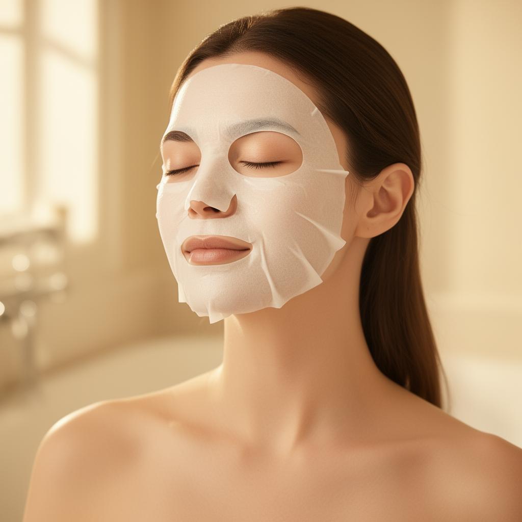 Vrouw met LIFTOLOGY sheet mask in warm bathroom light